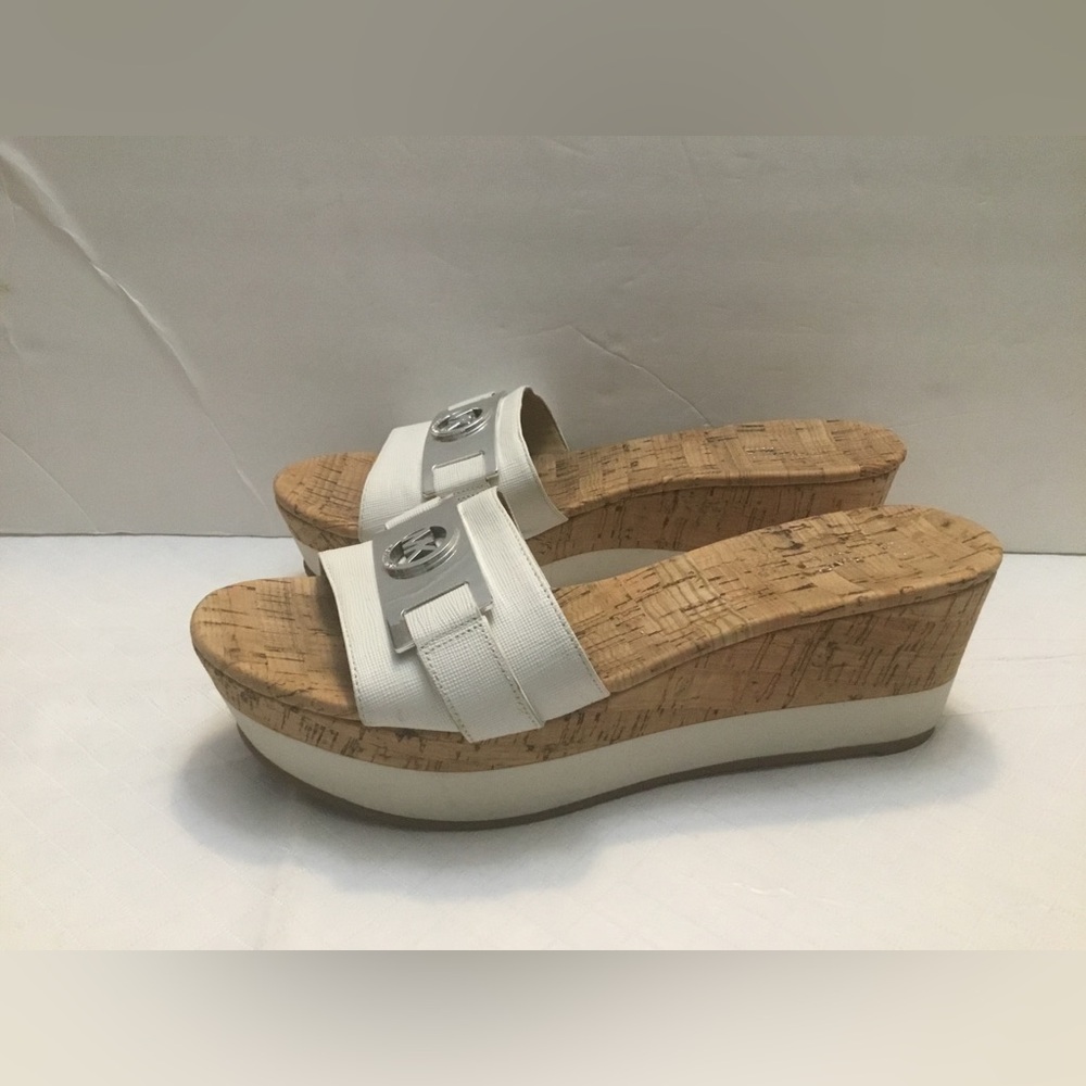 Michael Kors White Slide Wedge Sandals with Silver Logo - Picture 15 of 16
